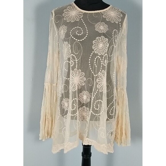 Lovestitch Tops - Love Stitch Sheer Boho Floral Lace Tunic Top Large Back zip Split Bell Sleeve